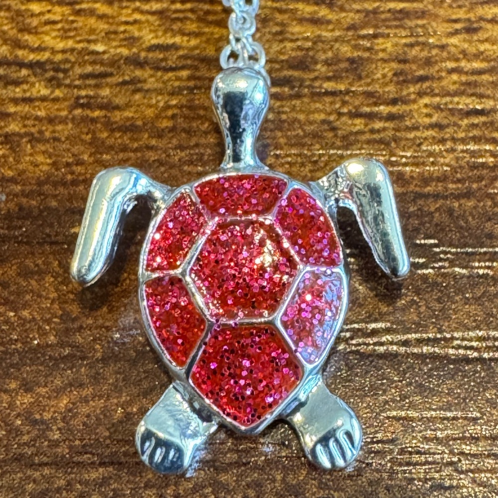 Turtle Necklace Silvertone in Red or Blue. NWOT - Picture 2 of 5